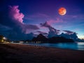 Colorful blue sky with cloud and bright full moon on seascape to night Royalty Free Stock Photo