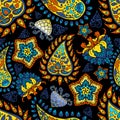 Colorful blue yellow red paisley seamless pattern floral background in Indian style Royalty Free Stock Photo