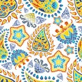 Colorful blue yellow red paisley vector  seamless pattern floral background in Indian style Royalty Free Stock Photo