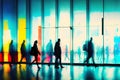 Colorful Blurred shopping mall background with silhouettes of hurrying people. Generative AI illustration