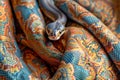 Colorful Boa Constrictor Snake Slithering Across Intricately Patterned Fabric Texture in Close Up Shot for Exotic Animal Themes