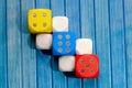 Colorful board game dice empty cubes top view, object closeup, top view, from above. Business integrity, simplicity abstract