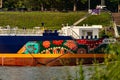 Colorful boat in the harbor on a sunny day in Duesseldorf, Germany