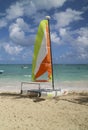 Colorful boat at white sand in Caribbean beach in Dominican Republic Royalty Free Stock Photo