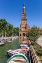 Colorful boats in the canals of the Plaza Espana in Sevilla Royalty Free Stock Photo