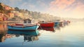 Colorful boats float on calm waters in seaside town.AI Generated