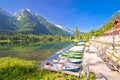 Colorful boats on Hintersee lake in Berchtesgaden Alpine landscape view