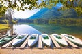 Colorful boats on Hintersee lake in Berchtesgaden Alpine landscape view