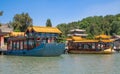 Colorful boats on Kunming Lake. Imperial Summer Palace in Beijing, China. Royalty Free Stock Photo