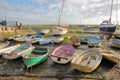 Colorful boats at low tide, located along the Thames Estuary, Leigh on Sea