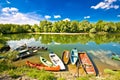 Colorful boats on mouth of Drava and Mura rivers Royalty Free Stock Photo