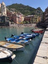 Colorful boats in the small marina or harbor of Vernazza Royalty Free Stock Photo