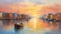 Colorful Boats At Sunset: Realistic Impressionism Painting