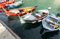 Colorful boats in Vernazza port in Cinque Terre Italy