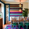 A colorful, bohemian dining room with mismatched chairs, hanging lanterns, and tapestry wall art1, Generative AI