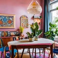 A colorful, bohemian dining room with mismatched chairs, hanging lanterns, and tapestry wall art3, Generative AI