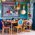 A colorful, bohemian dining room with mismatched chairs, hanging lanterns, and tapestry wall art1, Generative AI