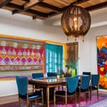 A colorful, bohemian dining room with mismatched chairs, hanging lanterns, and tapestry wall art3, Generative AI
