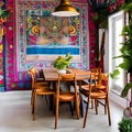 A colorful, bohemian dining room with mismatched chairs, hanging lanterns, and tapestry wall art4, Generative AI