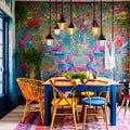 A colorful, bohemian dining room with mismatched chairs, hanging lanterns, and tapestry wall art2, Generative AI