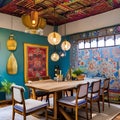 A colorful, bohemian dining room with mismatched chairs, hanging lanterns, and tapestry wall art5, Generative AI