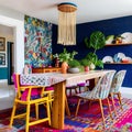 10 A colorful, bohemian-inspired dining room with mismatched chairs, a patterned rug, and macrame decor4, Generative AI