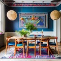 10 A colorful, bohemian-inspired dining room with mismatched chairs, a patterned rug, and macrame decor2, Generative AI