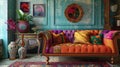 Colorful bohemian living room interior with eclectic decor