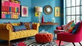 Colorful bohemian living room interior with eclectic decor