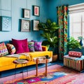 A colorful, boho-chic living room with eclectic decor, patterned textiles, and floor cushions2, Generative AI Royalty Free Stock Photo