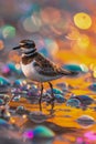 Colorful Bokeh Backdrop with Majestic Killdeer Bird Standing in Shallow Waters at Golden Hour
