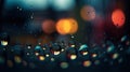 Colorful bokeh Christmas lights and water droplets. Shiny city car lights and pebbles abstract nighttime background.