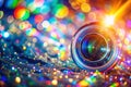 Colorful bokeh lights illuminating a camera lens Royalty Free Stock Photo