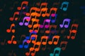 Colorful bokeh music note shape lights background. Melody music abstract background