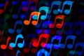 Colorful bokeh music note shape lights background. Melody music abstract background