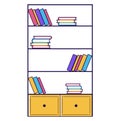 Colorful books on bookshelf with four shelves and two drawers. Minimalist book storage furniture. Organized home library