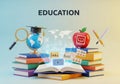 Of colorful books flanks an open book, from which educational icons like Royalty Free Stock Photo