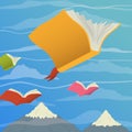 Colorful books flying in sky for reading concept