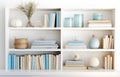 colorful books on shelves in white wooden closet in white room design soft light Royalty Free Stock Photo