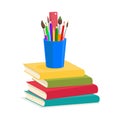 Colorful books are stacked, pencils and brushes in glass Royalty Free Stock Photo