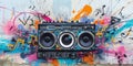 Colorful Boombox Tape Recorder With Graffiti Arrows And Musical Notes