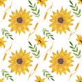 Colorful botanical pattern, sunflowers, wheat and green leaves on a white background. Pattern for paper, fabric, etc.