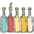 Colorful bottles lined up, one open. Handdrawn style bottles, multicolored, corked beverage Royalty Free Stock Photo