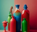 colorful bottles on a red green background, color concept Royalty Free Stock Photo