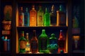 Colorful bottles on a shelf in the pub. Vector illustration.