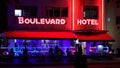 Colorful Boulevard Hotel on Ocean Drive at South Beach Miami by night - MIAMI, FLORIDA - FEBRUARY 14, 2022 Royalty Free Stock Photo