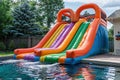 Colorful bouncy castle slide for children playground. Generative AI. Royalty Free Stock Photo