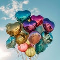 A colorful bouquet of balloons captured in the golden hour sunlight, rising into the blue