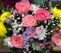 Colorful bouquet of different fresh flowers. Bunch of roses, freesia, chrysanthemum and eucalyptus leaves
