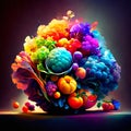 Colorful bouquet of different fruits and vegetables on a dark background AI generated